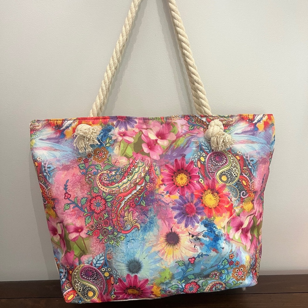 Colorful bohemian-style beach or weekender tote featuring vibrant florals